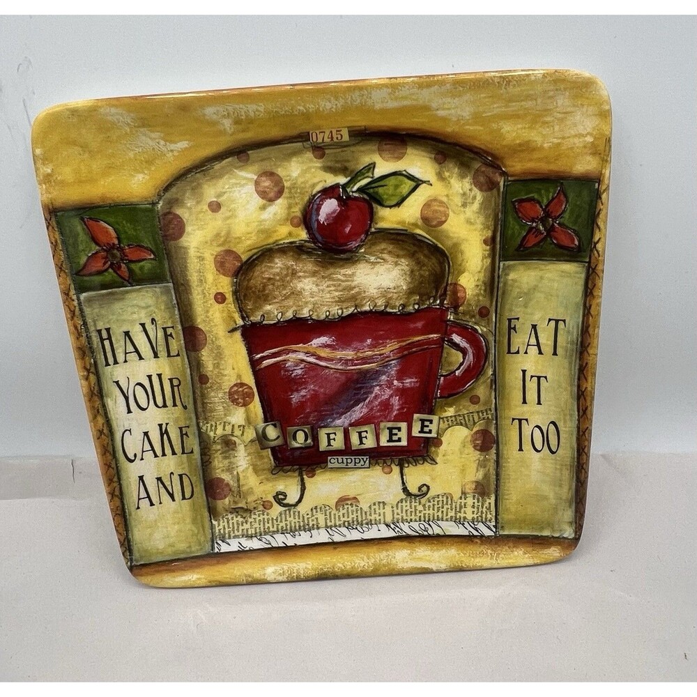 Certified International CeramicSquare Plate Coffee Cup RedBlack Beige